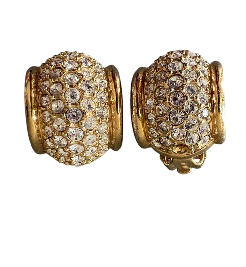 Swarovski Clip On Earrings Gold Tone Pave Crystal Rhinestone Statement Vintage